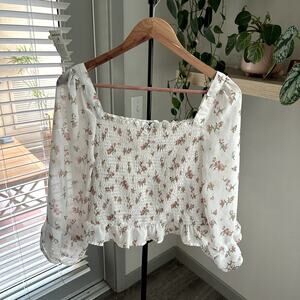 Derek Heart Peasant Floral Smocked Top Size L – Sheer Long Sleeves, Cottagecore